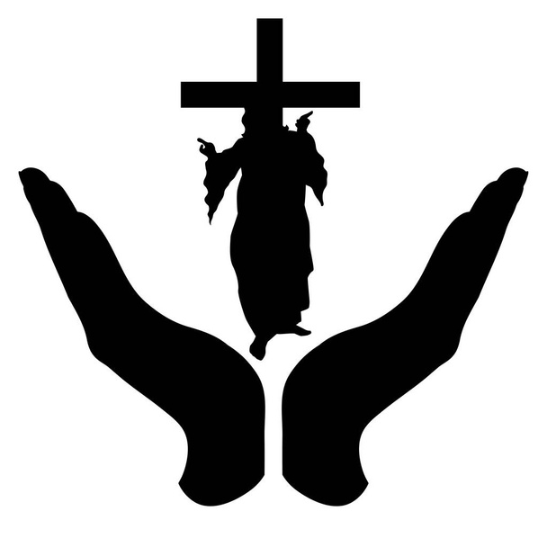 Sílhueta vetorial de uma mão em um gesto defensivo protegendo um Deus com a cruz. Símbolo de religião, cristianismo, proteção, fé, - Vetor, Imagem