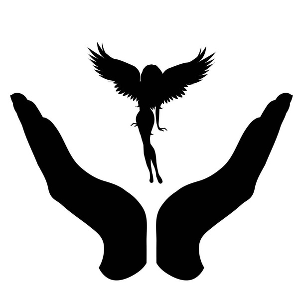 Silueta vectorial de una mano en un gesto defensivo que protege a un ángel. Símbolo de seguro, protección, - Vector, imagen