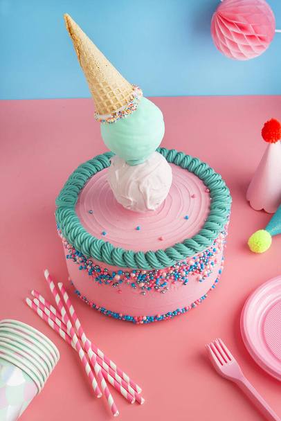 Birthday cake for boys and girls with ice cream cone, for party party - Photo, image