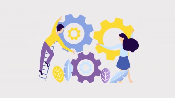 Two persons turning gears. Team work, united community, search for ideas and solutions, business running, startup, studying, work motion graphics concept with alpha channel. Seamless loop animation. - Footage, Video