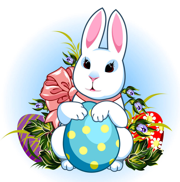 Lindo conejo de Pascua rodeado de huevos coloridos - Vector, Imagen