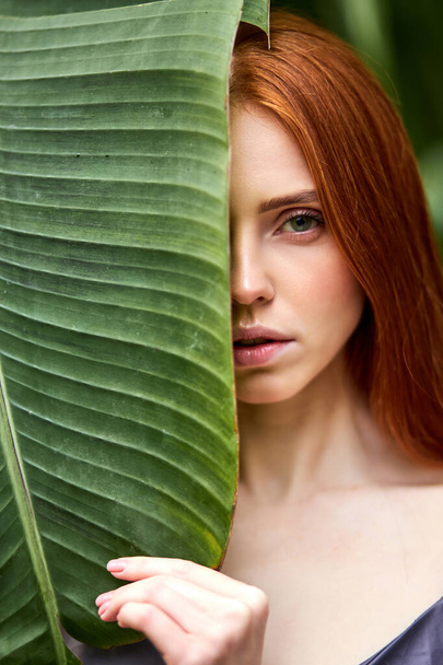 closeup beauty portrait of lovely redhead woman with clean skin standing behind tropical leaf - Фото, зображення