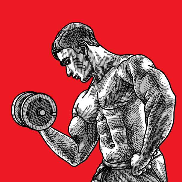 Bodybuilder schets rode achtergrond - Vector, afbeelding