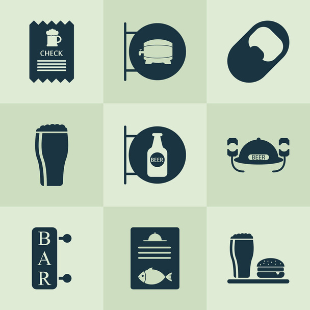 Italok ikonok beállítva ellenőrzés, nyitó, sör jel és egyéb plakát elemek. Izolált illusztrációs italok ikonok. - Fotó, kép
