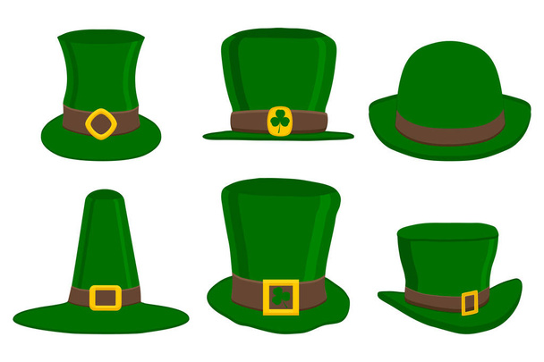 Ilustração sobre o tema feriado irlandês St Patrick dia, definir chapéus de cobertura para a cabeça. Padrão St Patrick dia consistindo de muitos chapéus diferentes verdes no fundo branco. Chapéus é acessório principal para o dia de São Patrício. - Vetor, Imagem
