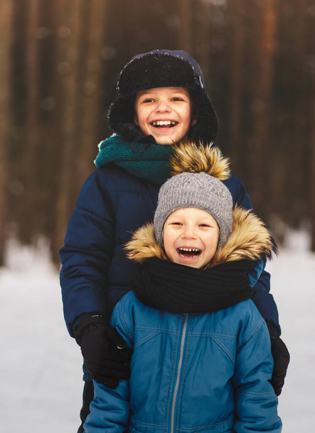 Deux frères rient dans la nature en forêt d'hiver - Photo, image