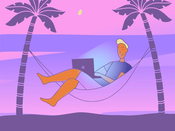 Geniet van het werk van thuis en buiten, droomwerk, tropische vakantie met laptop. Altijd contact. Een man in een hangmat. strand bij zonsondergang. Vlakke stijl. Vectorillustratie - Vector, afbeelding
