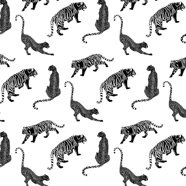 Vector pattern with hand drawn minimalistic illustration of cheetah and tigers . Creative artwork. Template for card, poster, banner, print for t-shirt, pin, badge, patch. - Vector, Image