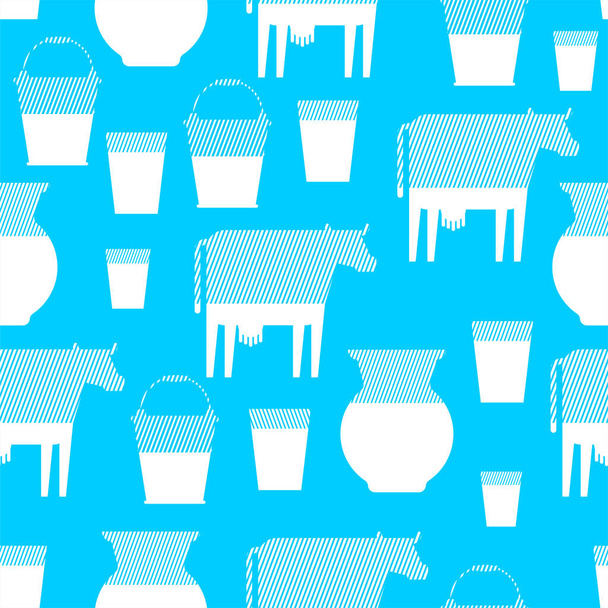Milk pattern seamless. Cow and bucket. Jug and glass. Milk background vector illustration - Vector, imagen