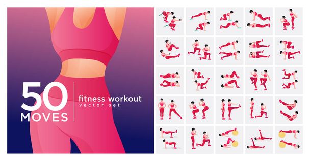 Vrouwen trainingsset. Vrouwen die fitness en yoga oefeningen doen. Lunges, Pushups, Squats, Dumbbell rijen, Burpees, Side planks, Situ ps, Glute brug, Leg Raise, Russische Twist, Side Crunch .etc - Vector, afbeelding