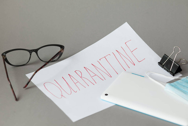 quarantine lettering on color background, covid 19 concept - Photo, Image