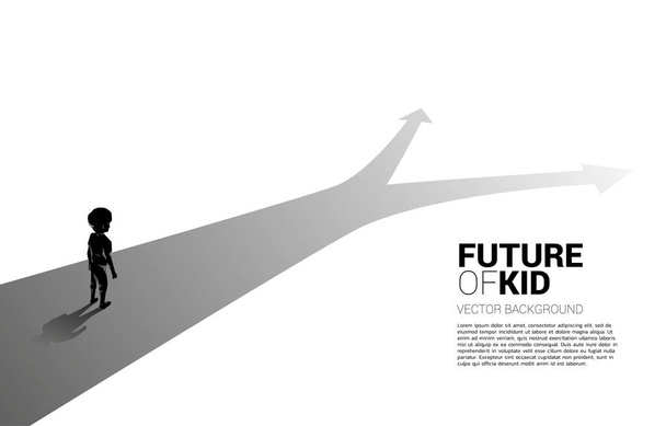 Silhouet van een jongen die op een kruispunt staat. Concept van onderwijsoplossing en beslissing over de toekomst. - Vector, afbeelding
