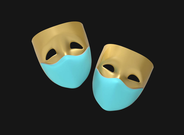 Máscaras de teatro, drama y comedia sobre máscaras médicas sobre un fondo oscuro. Imagen 3D. - Foto, Imagen