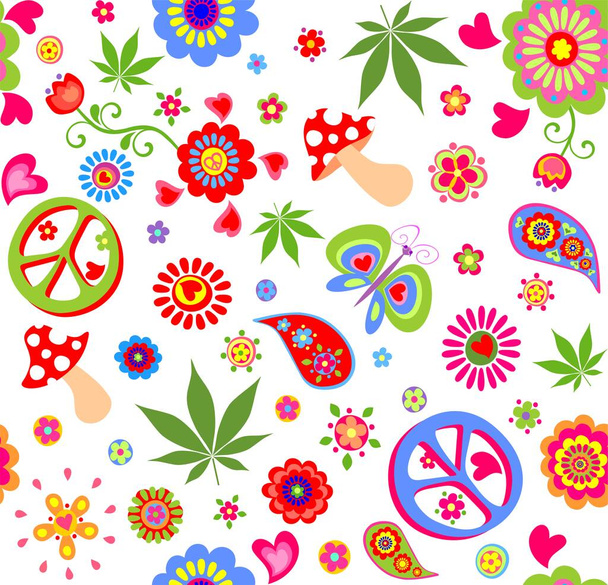 Funny wallpaper with hippie peace symbol, flower-power, poppies, butterfly, mushroom, marijuana leaves and paisley - Vektor, Bild