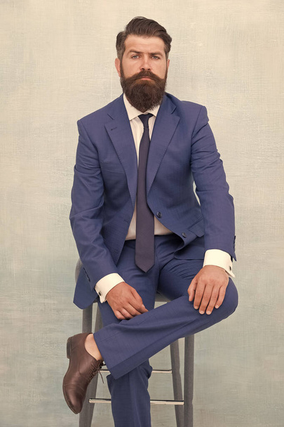 Fairness and justice. Classy and formal. Bearded man wear formal suit. Elegant lawyer sit on chair. Business meeting. Formal event. Man with beard and mustache confident lawyer. Your lawyer - Valokuva, kuva