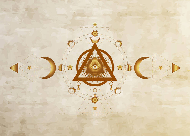 Μάτι της Πρόνοιας. Μασονικό σύμβολο. Όλοι βλέπουν το μάτι μέσα σε τριπλό φεγγάρι παγανιστική Wicca φεγγάρι σύμβολο θεά. Διανυσματικό παλιό χαρτί. Τατουάζ, αστρολογία, αλχημεία, boho και μαγικό σύμβολο. Κύκλος σεληνιακής φάσης - Διάνυσμα, εικόνα