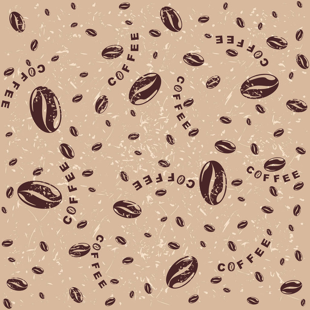 Seamless pattern of coffee beans with grunge background. For wrapping paper, design and decoration. - Vector, Image