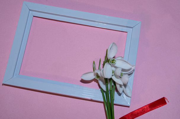 romantic composition of snowdrops flowers with frame, Valentine day concept  - Φωτογραφία, εικόνα