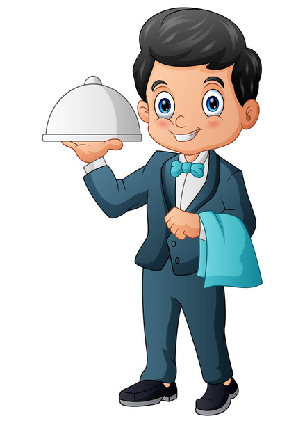 Чоловічий офіціант тримає тарілку з куполом
 - Вектор, зображення