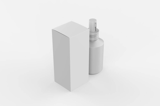 Spray antiséptico de niebla instantáneo, antibacteriano. botella con caja aislada sobre fondo blanco, plano de estudio. ilustración 3d - Foto, imagen