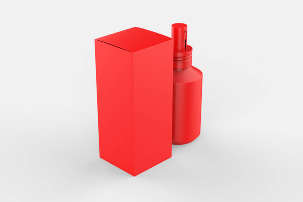 Spray istantaneo antisettico per nebbia, antibatterico. bottiglia con scatola isolata su sfondo bianco, ripresa in studio. Illustrazione 3d - Foto, immagini