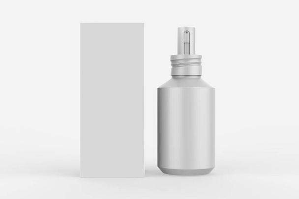 Spray antiséptico de niebla instantáneo, antibacteriano. botella con caja aislada sobre fondo blanco, plano de estudio. ilustración 3d - Foto, imagen