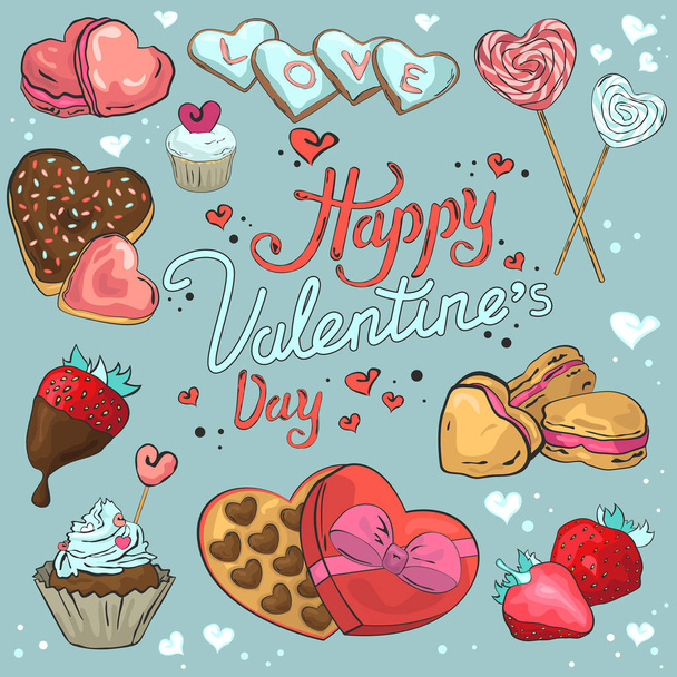 Happy Valentine's Day banner: heart, sweets, cake, candy and strawberry. . Love and holiday concept. Vector illustration in flat style. - Vector, Imagen