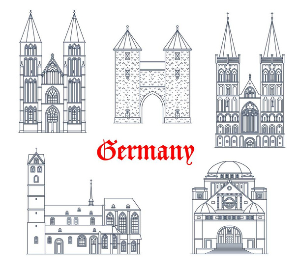 Německo památkové budovy a cestovní ikony, Dortmund architektura vektorové ikony. Německé památky kostela sv. Marie v Kleve, synagoga v Hesensku, gotická katedrála a brány Toru v Xantenu - Vektor, obrázek