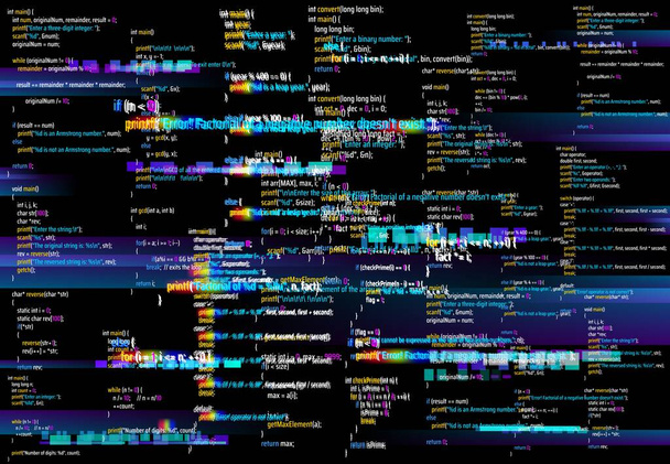 Abstract background with glitched program code parts. Vector backdrop with programming language and random glowing pixels. Black monitor screen with distortion and glitch effect, computer error or bug - Vector, Image