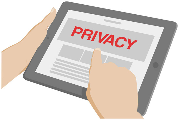 Hands hold a gray tablet with privacy lettering, cartoon illustration isolated on background - Photo, Image
