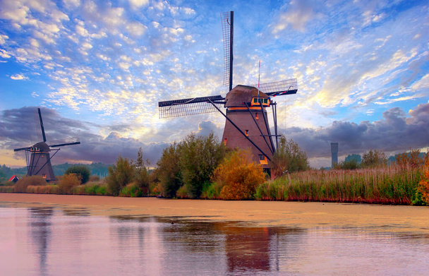 Młyny w Kinderdijk w Holandii w pochmurny dzień - Zdjęcie, obraz