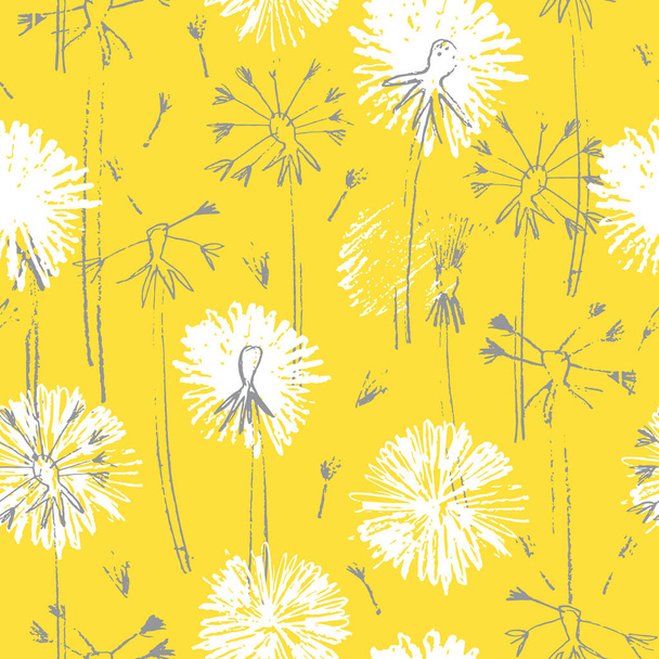 Motif sans couture avec des fleurs de pissenlit dessinées à la main, couleurs jaune et gris tendance - Vecteur, image