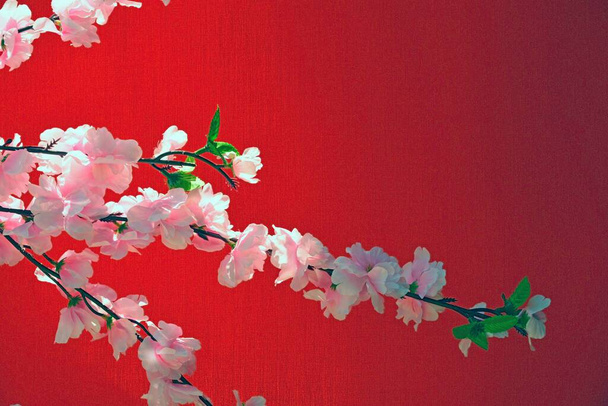 Flores de ciruelo florecen sobre fondo rojo para Año Nuevo Chino y concepto de festival lunar - Foto, Imagen