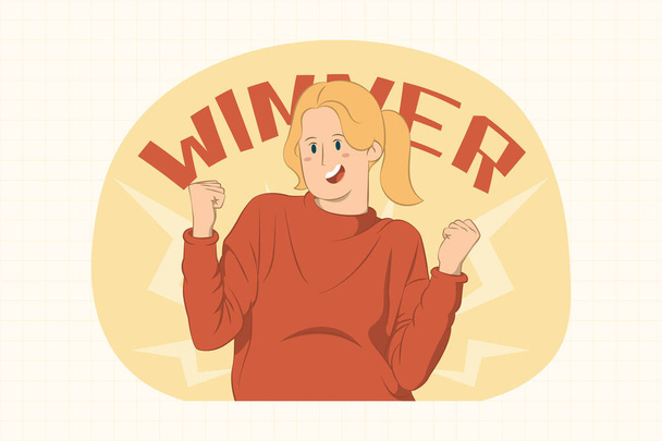 Smiling joyful young woman clenching fists like winner concept for banner, poster, website, etc. - Vector, Image