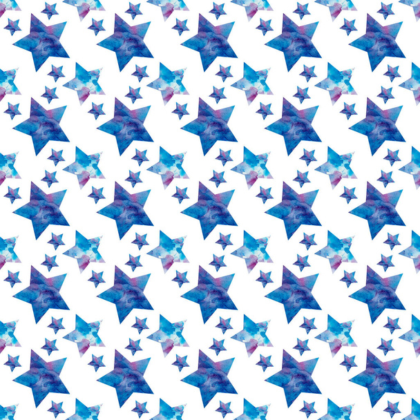 Υδατογραφία απεικόνιση των μπλε και λιλά αστέρια. Απρόσκοπτη μορφή για υφάσματα και χαρτί περιτυλίγματος. Ημέρα Κοσμοναύτικων. Παιδικό αποτύπωμα - Φωτογραφία, εικόνα