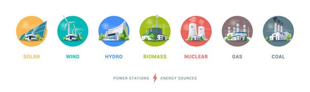 A villamosenergia-termelés forrástípusai. Energiamixtúra napenergia, víz, fosszilis energia, szél, nukleáris energia, szén, gáz és biomassza. Megújuló szennyezőanyag-erőművek erőforrásai. Természetes, termikus, víz- és vegyi anyagok. - Vektor, kép