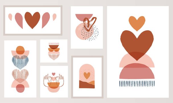 Boheemse, Boho Valentijnsdag illustraties, met de hand getekend kunstwerk in terracotta, aardse kleuren, hart en liefde concept ontwerp - Vector, afbeelding