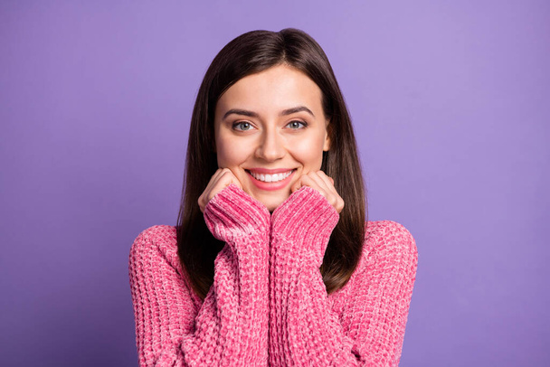 Photo portrait of cute nice brunette girl wearing pink outfit smiling isolated on bright violet color background - Фото, зображення