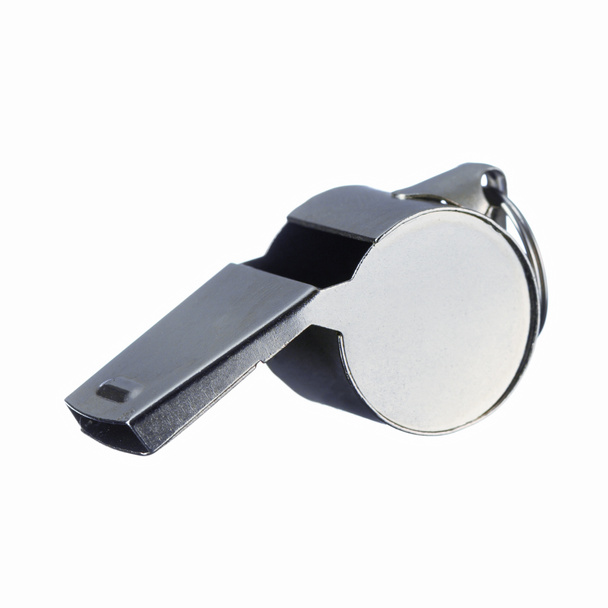 new pure metal whistle on white isolated background, photographed very close - Photo, Image