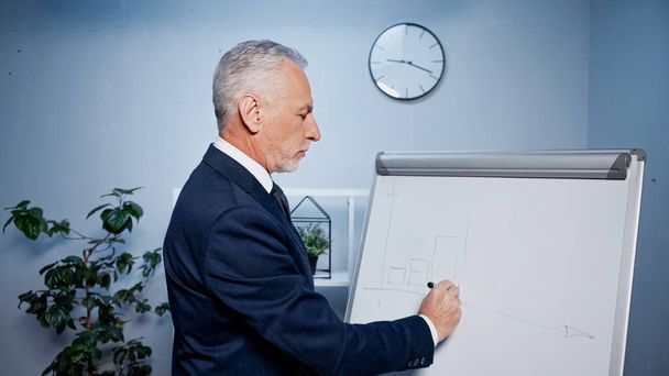 Oldalnézet vezető üzletember rajz diagramok flipchart az irodában  - Fotó, kép