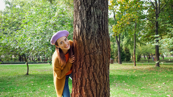 カメラを見ながら公園の木の幹の後ろに隠れている興奮した女性 - 写真・画像