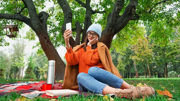mujer sonriente tocando la cara mientras toma selfie durante el picnic en el parque - Foto, imagen