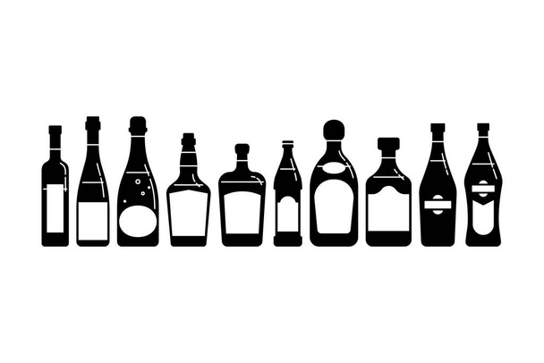 Μπουκάλι βότκα κόκκινο κρασί σαμπάνια ουίσκι λικέρ μπύρα τεκίλα ρούμι μαρτίνι σε στυλ σιλουέτα. Ποτό εστιατόριο αλκοολούχο εικονογράφηση για εορταστικό σχεδιασμό. Ορισμός στοιχείου σχεδιασμού στη σειρά - Διάνυσμα, εικόνα