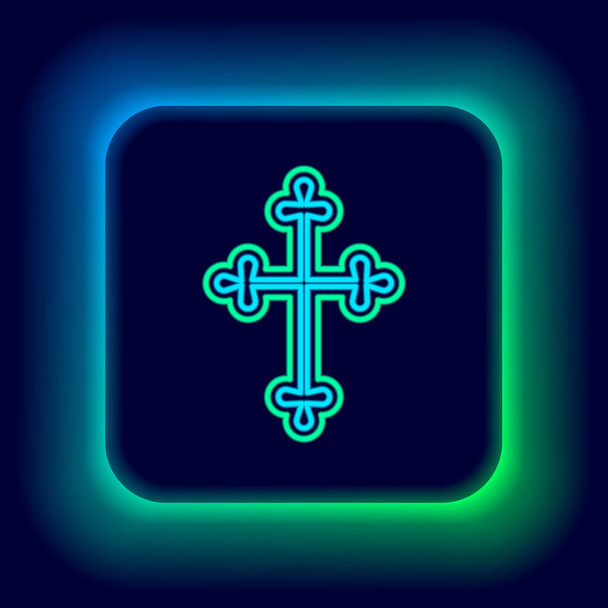 ネオンラインを輝くクリスチャンクロスアイコンは黒の背景に隔離されました。教会の十字架。カラフルなアウトラインコンセプト。ベクトル - ベクター画像