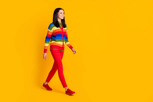 Full size profile photo of nice young woman walking wear rainbow sweater red trousers shoes isolated bright yellow background - 写真・画像