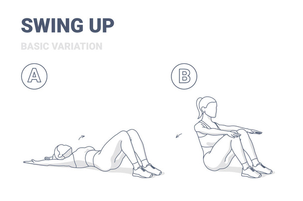 Swing Up with Knees Bent Kobieta Home Workout Exercise Guide Outline Illustration Concept. Dziewczyna pracuje na jej Abs. - Wektor, obraz
