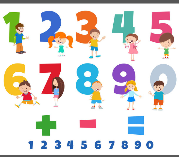 Cartoon illustration of educational numbers set from one to nine with happy children characters - Vetor, Imagem