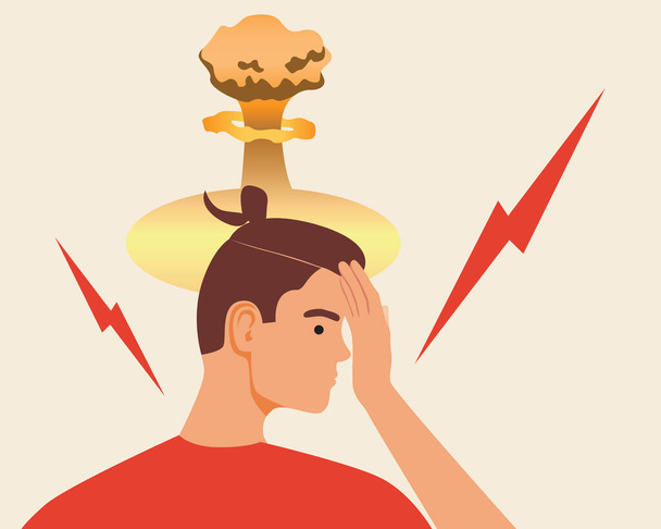 Stressed man, headache. Flat vector stock illustration. A tired person experiences stress, an explosion of the mind. The concept of mental health, headache. Vector illustration - Vector, Image
