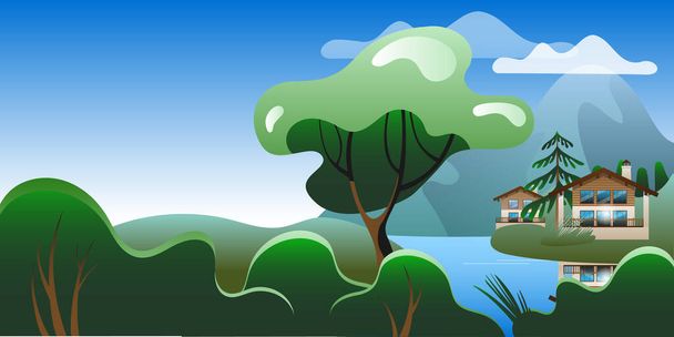 Mountain summer landscape with chalet-style houses. - Vector, Image