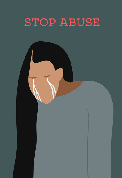 векторная плоская иллюстрация или социальный плакат на тему насилия над женщинами. очень грустная женщина плачет от жестокости и насилия. плакат в темных тонах. остановить домашнее насилие. остановить злоупотребления. - Вектор,изображение
